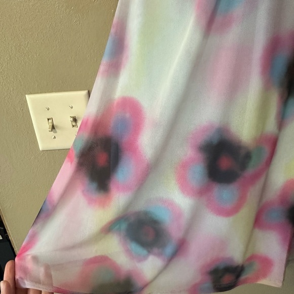 Topshop Floral Spray Paint Pink and Blue Mini Tea Dress with Ruffled Sleeves - Picture 2 of 9